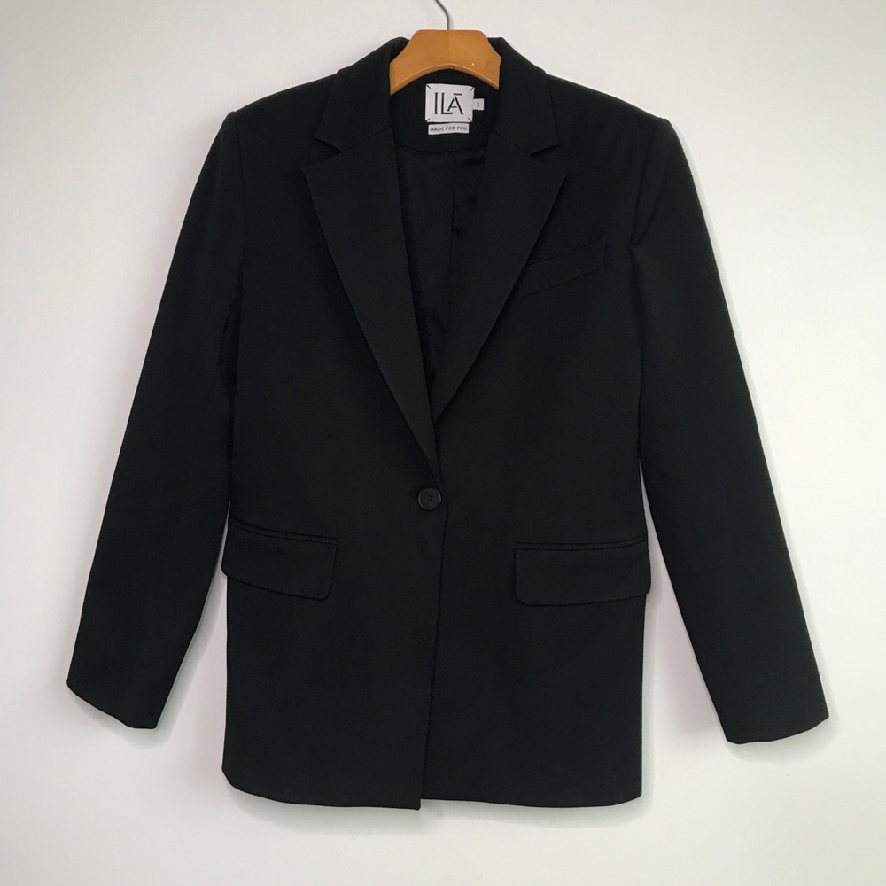 ILA WOMENS BLAZER JACKET BLACK LONGLINE STRUCTURE SHOULDER PADS 34